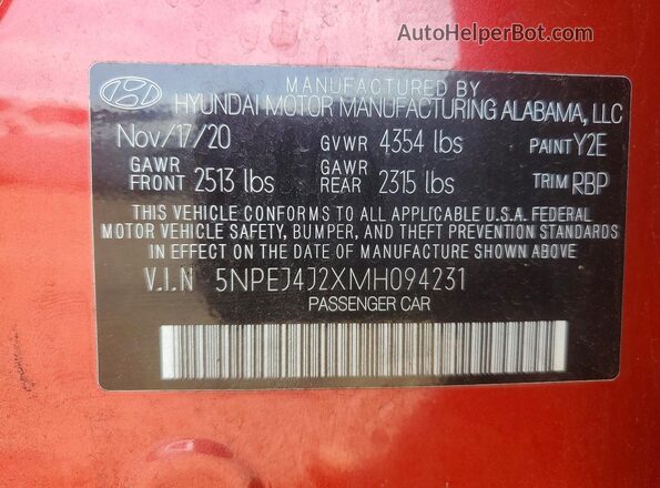 5NPEJ4J2XMH094231 2021 HYUNDAI SONATA Red 