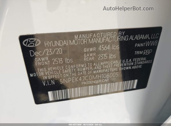 5NPEK4JC0MH106005 2021 HYUNDAI SONATA White ძრავის განყოფილების ხედი