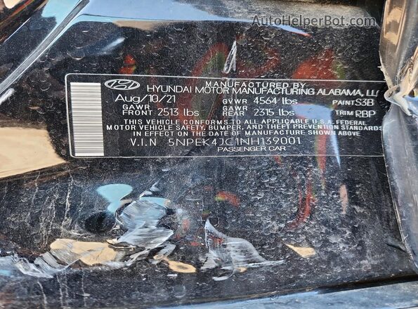 5NPEK4JC1NH139001 2022 HYUNDAI SONATA Black Vista del compartimento del motor