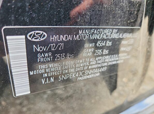 5NPEK4JC3NH146449 2022 HYUNDAI SONATA Black ძრავის განყოფილების ხედი