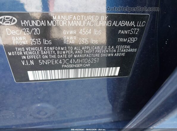 5NPEK4JC4MH106251 2021 HYUNDAI SONATA Синий Вид подкапотного пространства