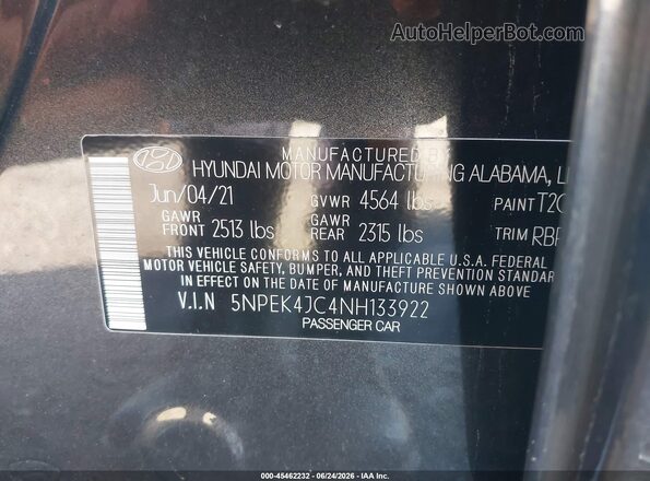 5NPEK4JC4NH133922 2022 HYUNDAI SONATA Gray Շարժիչի բաժամունքի տեսք