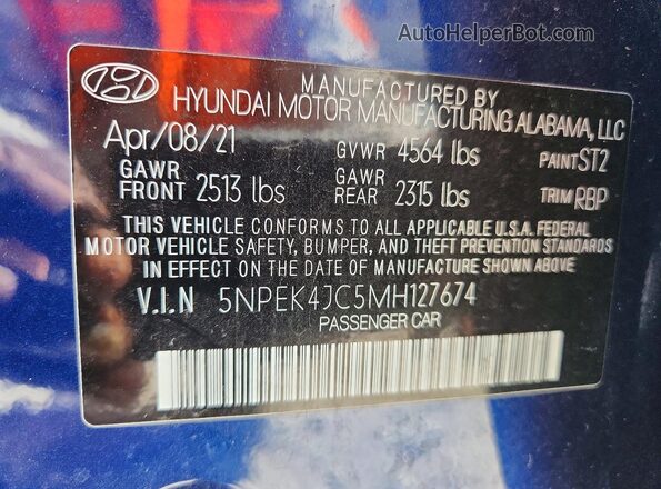 5NPEK4JC5MH127674 2021 HYUNDAI SONATA Blue 