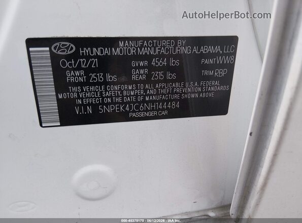 5NPEK4JC6NH144484 2022 HYUNDAI SONATA White Շարժիչի բաժամունքի տեսք