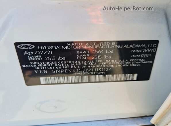 5NPEK4JC7MH131127 2021 HYUNDAI SONATA White Widok komory silnika