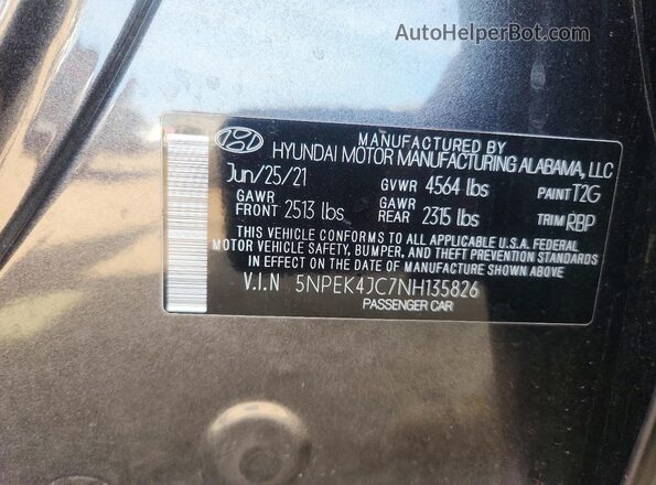 5NPEK4JC7NH135826 2022 HYUNDAI SONATA Gray Вид наклейки з VIN-кодом