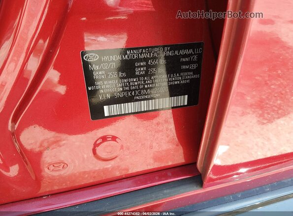 5NPEK4JC8MH126020 2021 HYUNDAI SONATA Red Widok komory silnika
