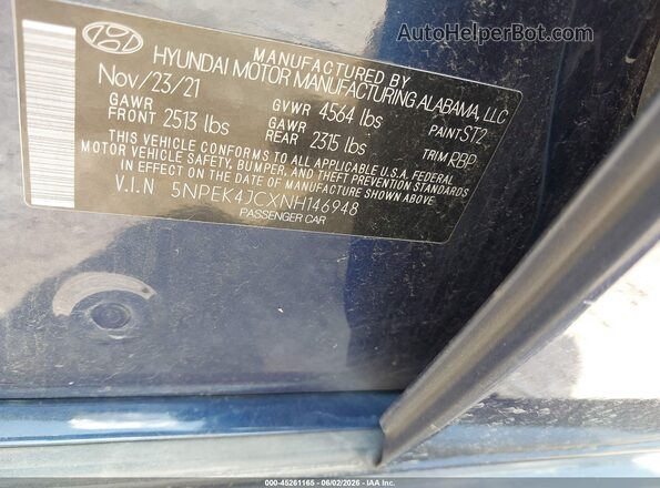 5NPEK4JCXNH146948 2022 HYUNDAI SONATA Blue Engine compartment view
