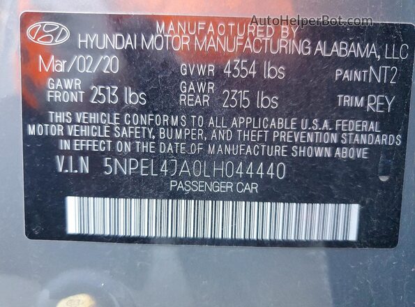 5NPEL4JA0LH044440 2020 HYUNDAI SONATA Gray Вид наклейки з VIN-кодом