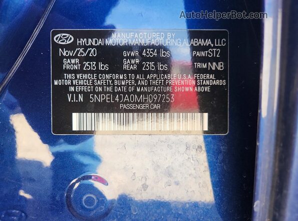 5NPEL4JA0MH097253 2021 HYUNDAI SONATA Blue VIN sticker view