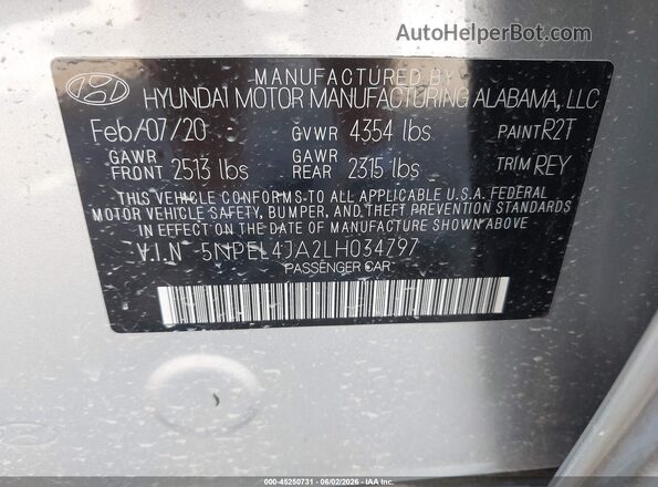 5NPEL4JA2LH034797 2020 HYUNDAI SONATA Серебряный Вид подкапотного пространства