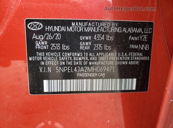 5NPEL4JA2MH069471 2021 HYUNDAI SONATA Red Widok komory silnika
