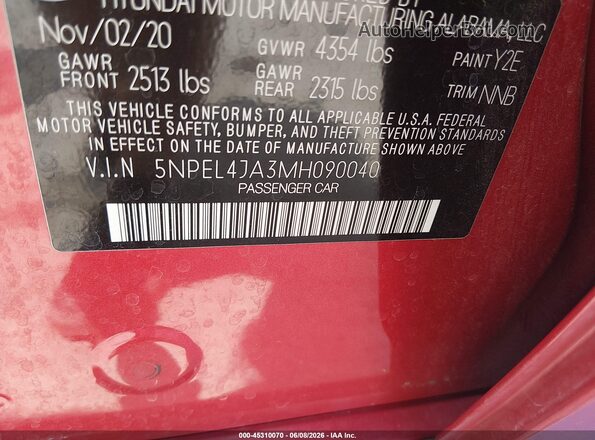5NPEL4JA3MH090040 2021 HYUNDAI SONATA Red Vista del compartimento del motor