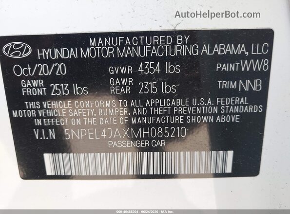 5NPEL4JAXMH085210 2021 HYUNDAI SONATA White Շարժիչի բաժամունքի տեսք