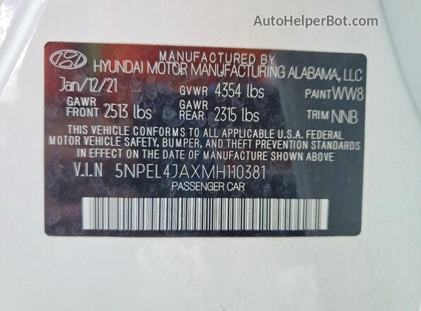 5NPEL4JAXMH110381 2021 HYUNDAI SONATA White Շարժիչի բաժամունքի տեսք