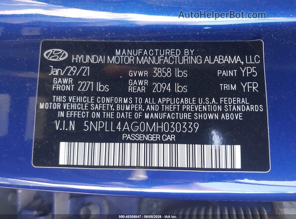 5NPLL4AG0MH030339 2021 HYUNDAI ELANTRA Blue Vista del compartimento del motor