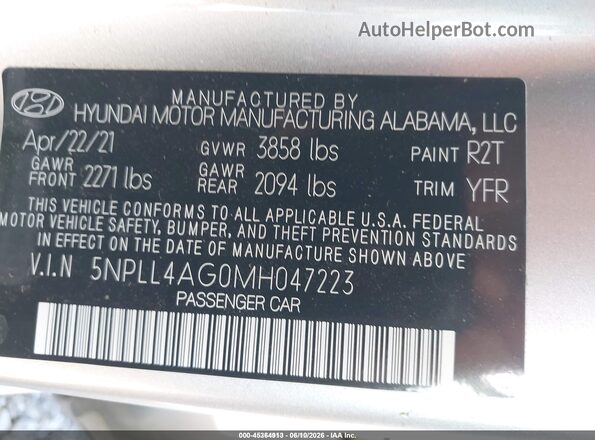 5NPLL4AG0MH047223 2021 HYUNDAI ELANTRA Silver ძრავის განყოფილების ხედი
