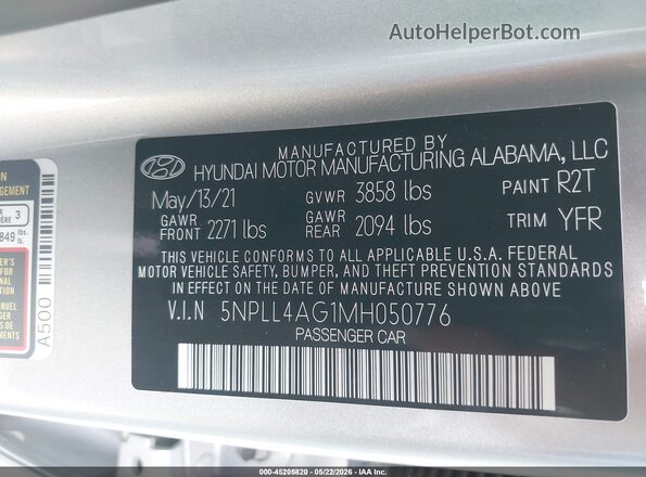 5NPLL4AG1MH050776 2021 HYUNDAI ELANTRA Silver 