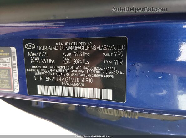 5NPLL4AG1MH050910 2021 HYUNDAI ELANTRA Blue Engine compartment view