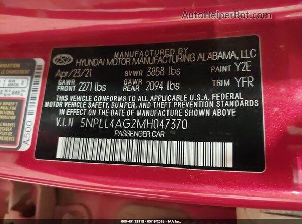 5NPLL4AG2MH047370 2021 HYUNDAI ELANTRA Red 