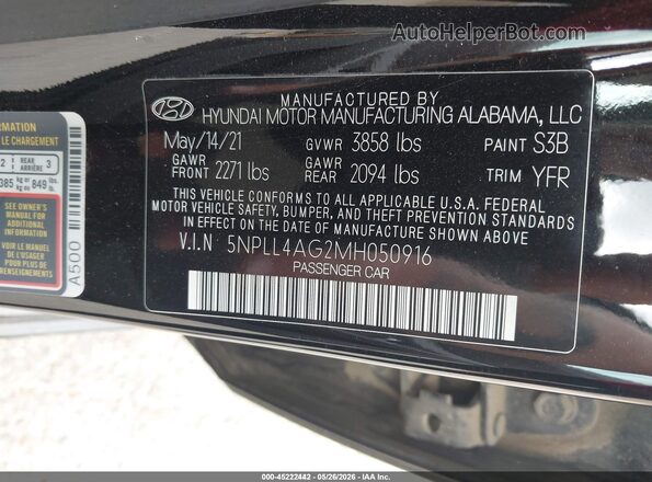 5NPLL4AG2MH050916 2021 HYUNDAI ELANTRA Black Widok komory silnika