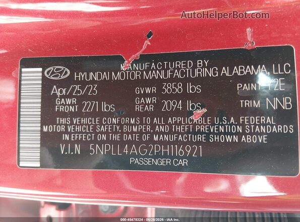 5NPLL4AG2PH116921 2023 HYUNDAI ELANTRA Red Widok komory silnika