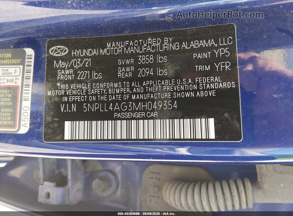 5NPLL4AG3MH049354 2021 HYUNDAI ELANTRA Blue Engine compartment view