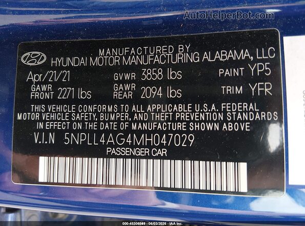 5NPLL4AG4MH047029 2021 HYUNDAI ELANTRA Blue Vista del compartimento del motor