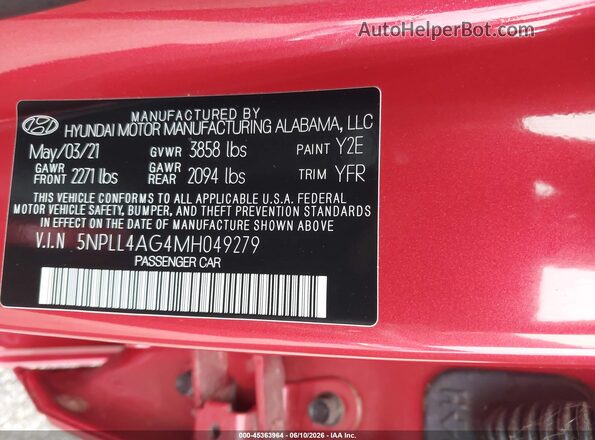 5NPLL4AG4MH049279 2021 HYUNDAI ELANTRA Red Vista del compartimento del motor