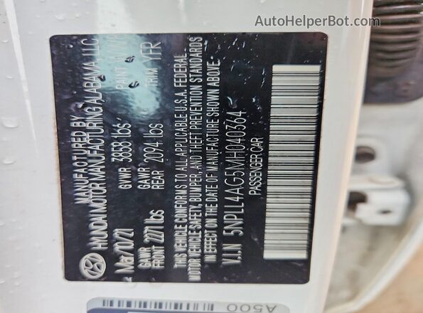 5NPLL4AG5MH040364 2021 HYUNDAI ELANTRA White 