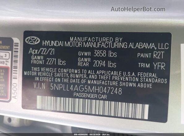 5NPLL4AG5MH047248 2021 HYUNDAI ELANTRA Silver ძრავის განყოფილების ხედი