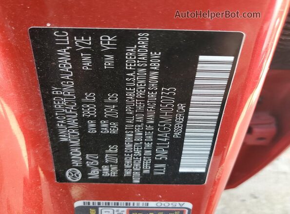5NPLL4AG5MH050733 2021 HYUNDAI ELANTRA Red VIN კოდის სტიკერის ხედი