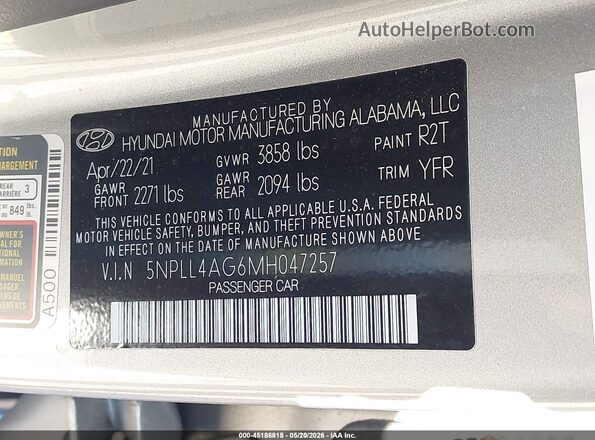5NPLL4AG6MH047257 2021 HYUNDAI ELANTRA Серебряный Вид подкапотного пространства