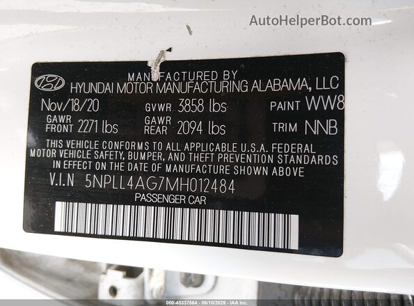 5NPLL4AG7MH012484 2021 HYUNDAI ELANTRA White Вид підкапотного простору