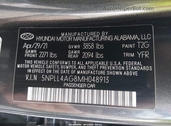 5NPLL4AG8MH048913 2021 HYUNDAI ELANTRA Gray Engine compartment view