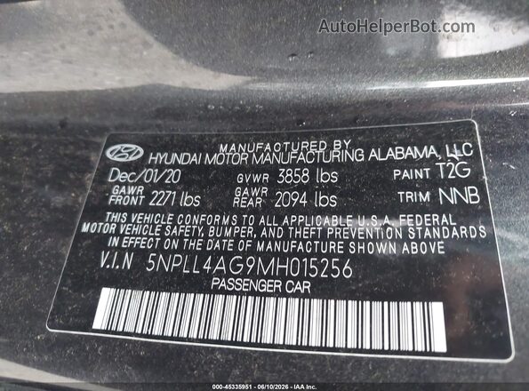 5NPLL4AG9MH015256 2021 HYUNDAI ELANTRA Gray Вид наклейки з VIN-кодом