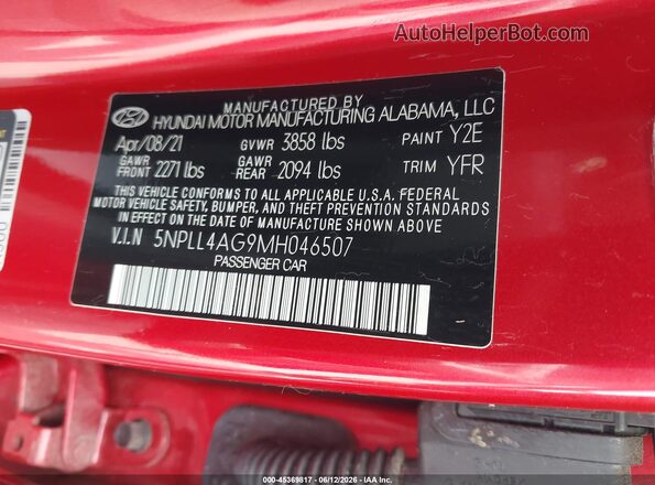 5NPLL4AG9MH046507 2021 HYUNDAI ELANTRA Red Widok komory silnika