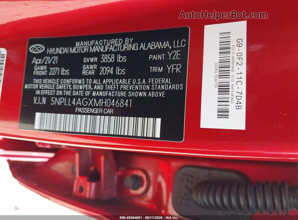 5NPLL4AGXMH046841 2021 HYUNDAI ELANTRA Red Engine compartment view