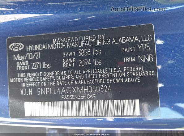 5NPLL4AGXMH050324 2021 HYUNDAI ELANTRA Blue Engine compartment view