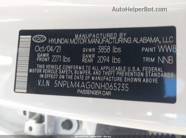 5NPLM4AG0NH065235 2022 HYUNDAI ELANTRA White ძრავის განყოფილების ხედი