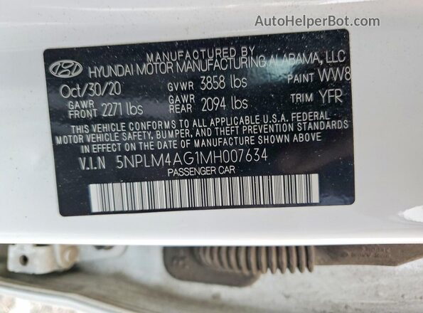 5NPLM4AG1MH007634 2021 HYUNDAI ELANTRA White Vista de la etiqueta del VIN