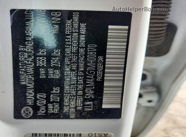 5NPLM4AG1MH008170 2021 HYUNDAI ELANTRA White Вид наклейки з VIN-кодом