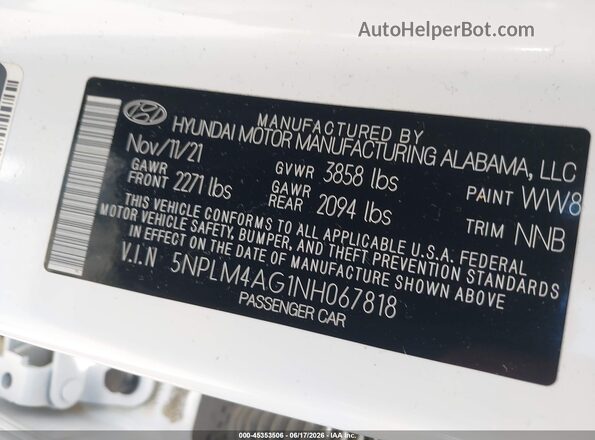 5NPLM4AG1NH067818 2022 HYUNDAI ELANTRA White Вид підкапотного простору