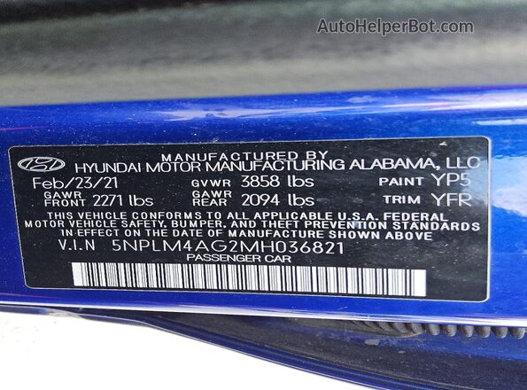 5NPLM4AG2MH036821 2021 HYUNDAI ELANTRA Синий 