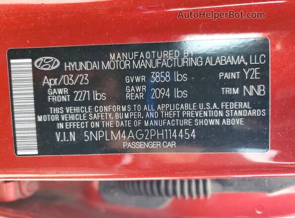 5NPLM4AG2PH114454 2023 HYUNDAI ELANTRA Red Շարժիչի բաժամունքի տեսք