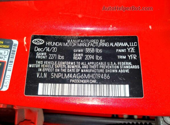5NPLM4AG6MH019486 2021 HYUNDAI ELANTRA Red Շարժիչի բաժամունքի տեսք