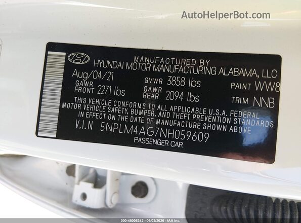 5NPLM4AG7NH059609 2022 HYUNDAI ELANTRA White Widok komory silnika