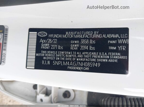 5NPLM4AG7NH085949 2022 HYUNDAI ELANTRA White Շարժիչի բաժամունքի տեսք