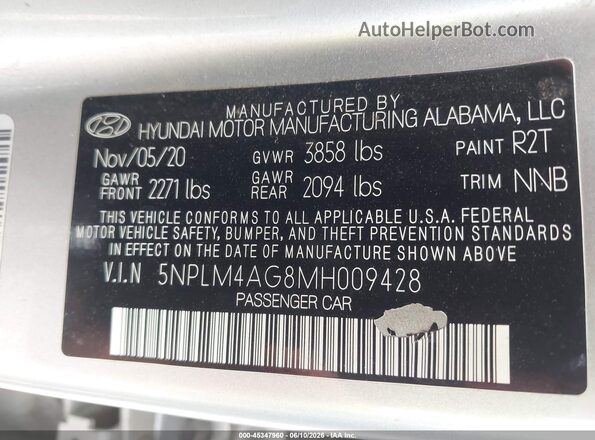 5NPLM4AG8MH009428 2021 HYUNDAI ELANTRA Silver ძრავის განყოფილების ხედი