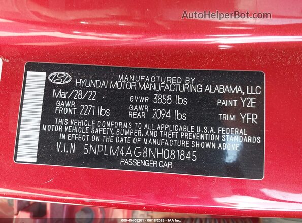 5NPLM4AG8NH081845 2022 HYUNDAI ELANTRA Red ძრავის განყოფილების ხედი